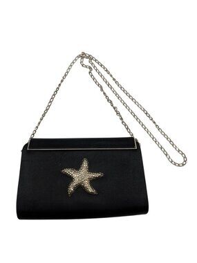 Eliza Gray Starfish Crystal Embellished Black Satin Evening Bag W Silver Chain